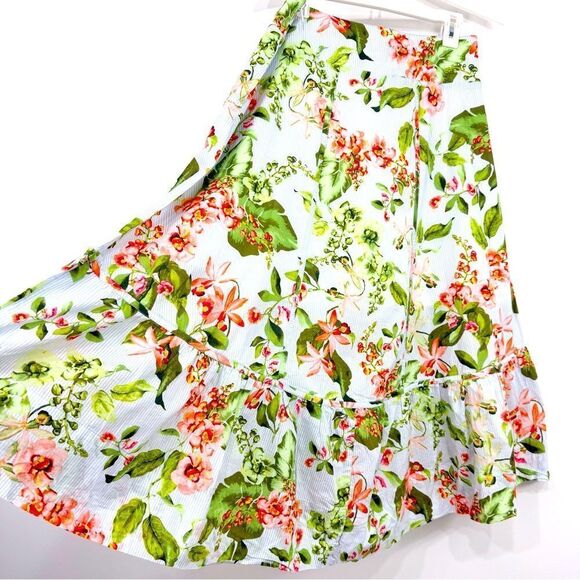 Tommy Hilfiger Blue Pinstripe Floral Print Waist Lace Up Ruffle Hem Midi Skirt - Picture 7 of 14